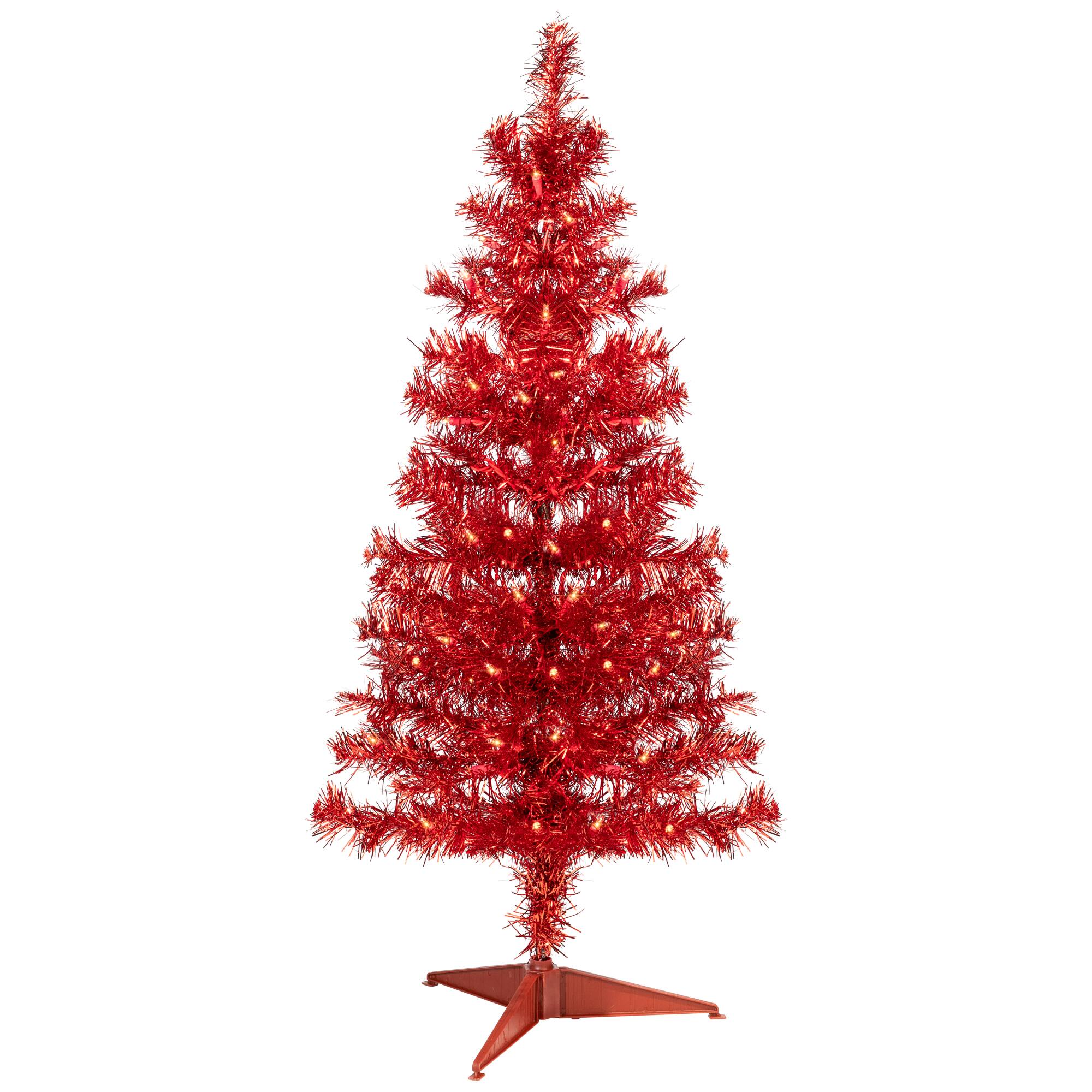 3ft. Pre-Lit Red Tinsel Artificial Christmas Tree, Clear Lights